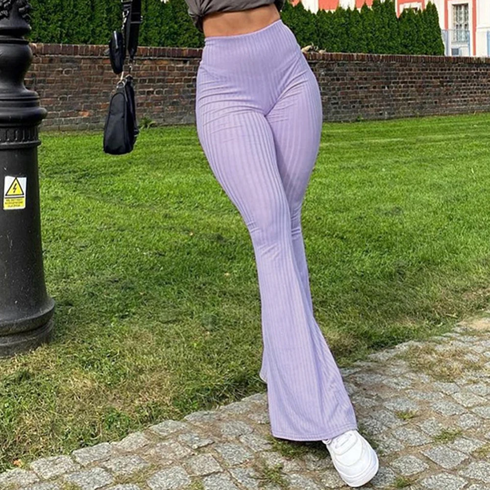 

Elastic High Waist Trousers Knitted Ribbed Flare Pants Casual New Winter Purple Slim Bodycon Women's Clothing Vintage Bottoms