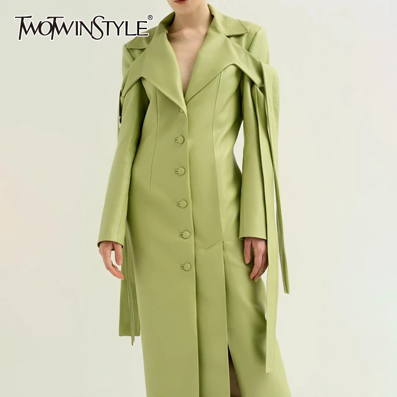 TWOTWINSTYLE, Женское пальто из искусственной кожи на шнуровке, пальто с воротником с лацканами и длинным рукавом, Женское пальто большого размера, Осень-зима, модная OL Новинка