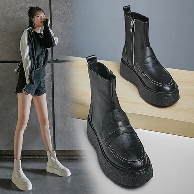 

New Autumn Winter Thick-soled Platform Short Boot Real Leather All-match Round Toe Height Increasing Casual Martin Boots Apricot