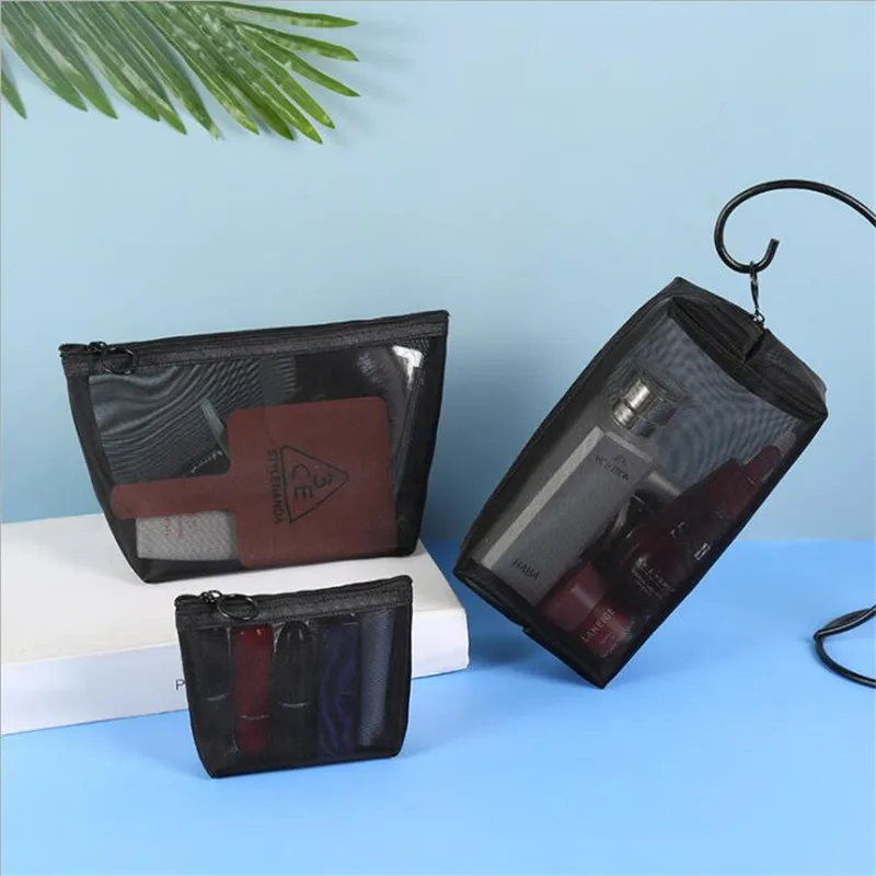 

1pcs Black Mesh Cosmetic Bag Women Travel Casual Zipper Make Up Makeup Case Organizer Storage Pouch Toiletry Beauty Wash Bags