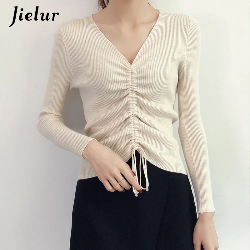 Элегантные однотонные свитера Jielur для женщин шикарные женские топы с кулиской и