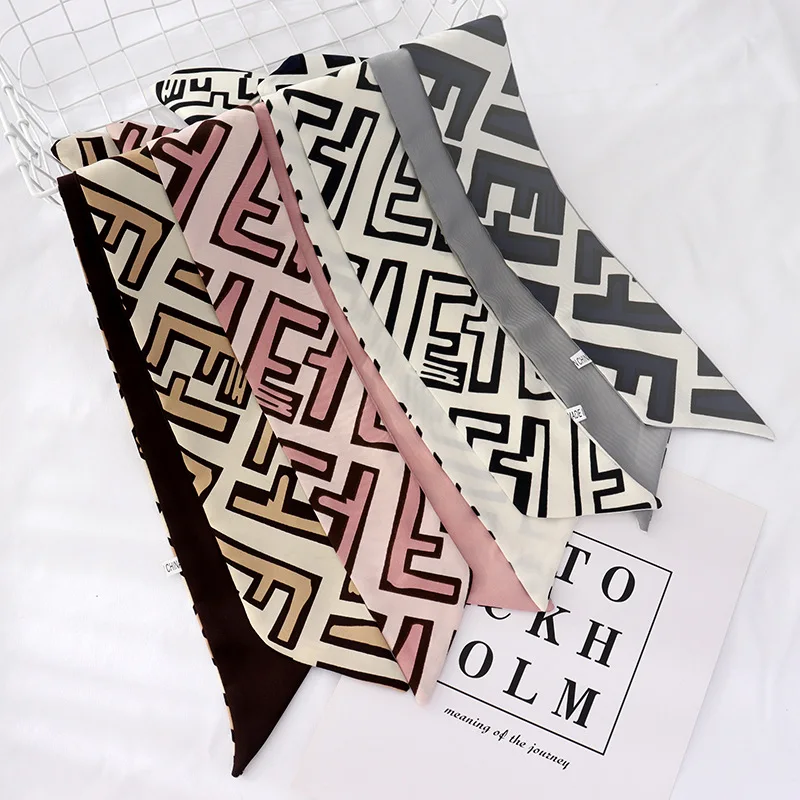 Bufanda de seda con estampado de letras para mujer, pañuelo fino y estrecho, cinta decorativa para bolso, novedad de verano, 2021