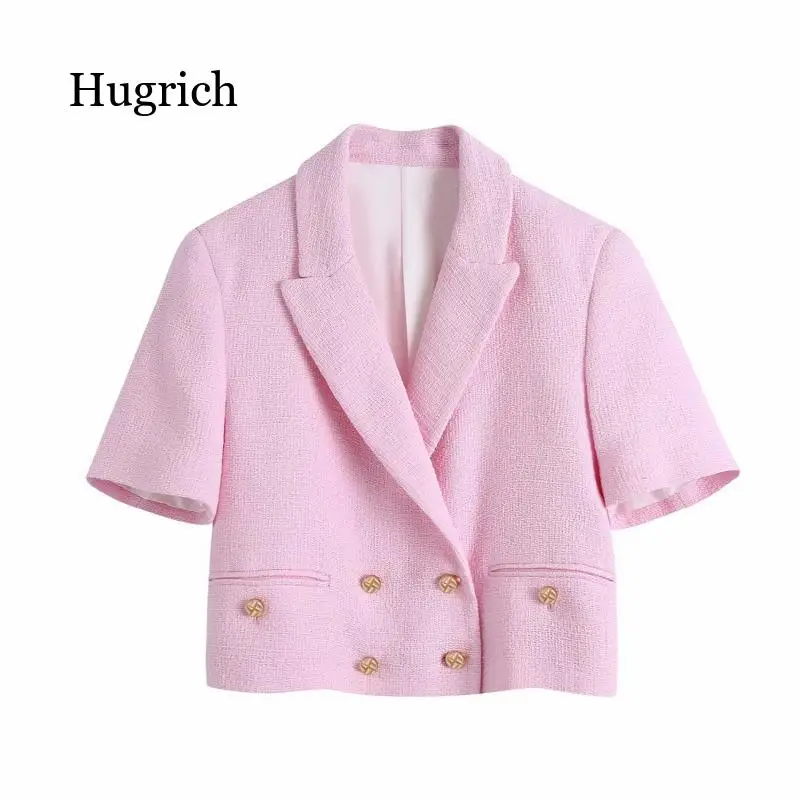 

Женский двубортный пиджак, розовый твидовый шерстяной короткий Блейзер с отложным воротником, винтажная женская верхняя одежда, шикарные т...