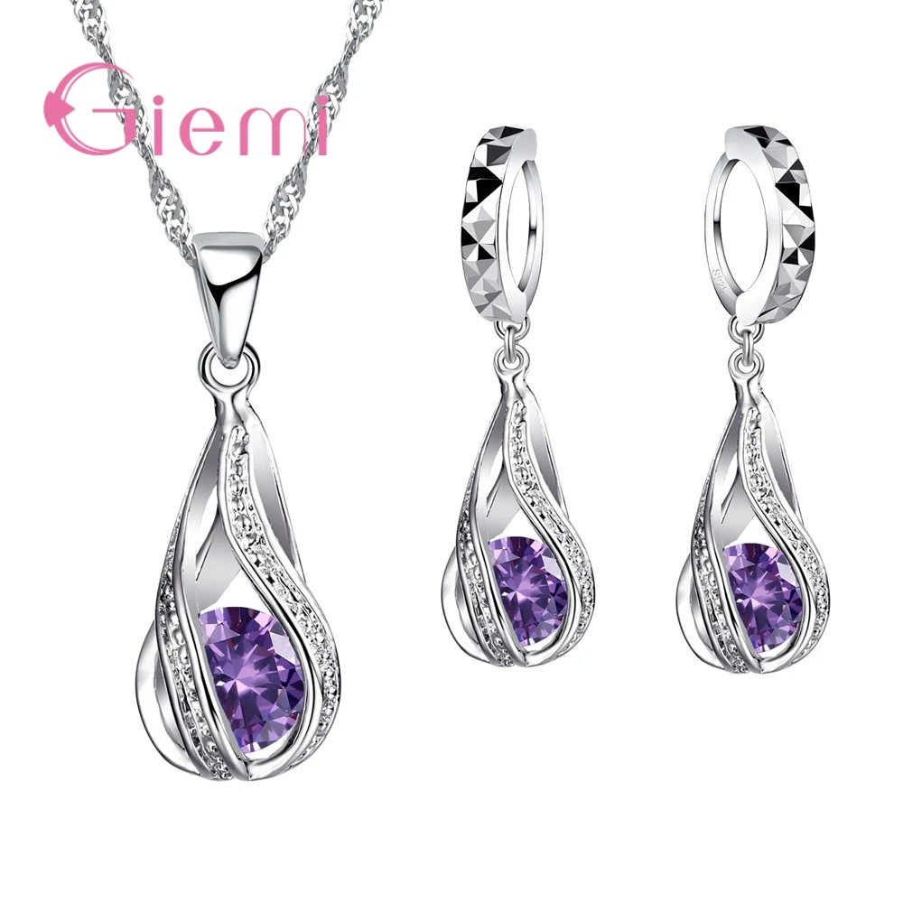 Purple 925 пробы, серебро, новая капля воды, кубический циркон, подвеска, ожерелье и серьги для женщин, дамские ювелирные наборы, свадебные - Окраска металла: Purple