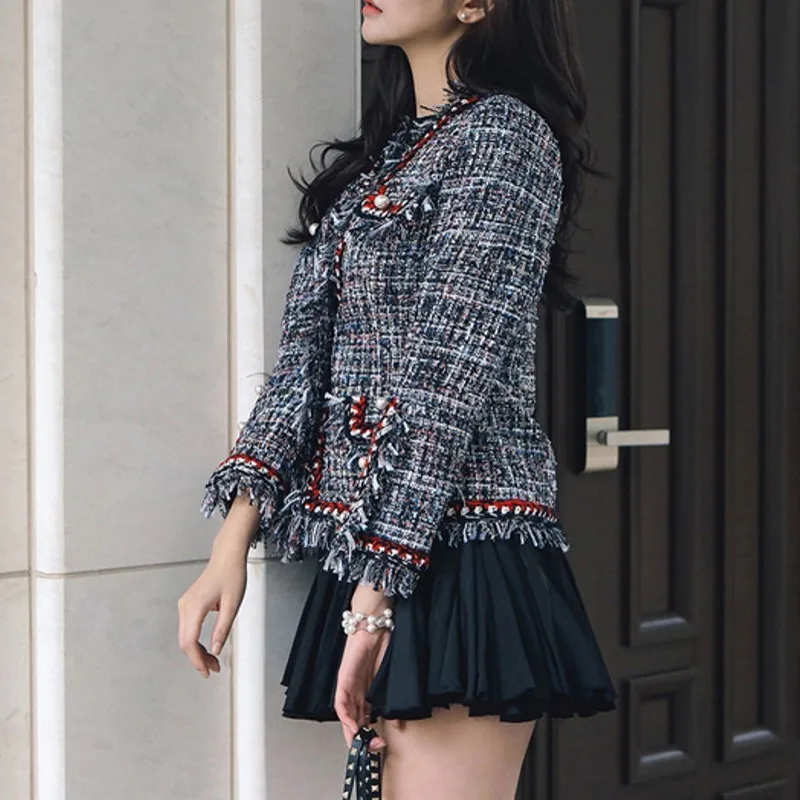 Женская твидовая куртка с бахромой и жемчугом подиумная в стиле пэчворк верхняя
