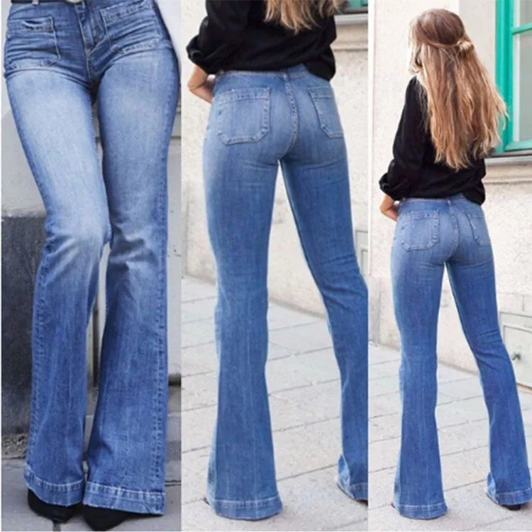 

HAOOHU 2020 new women's jeans pants fashion trends casual streetwear elegant solid high waist slim denim full Flare Pants