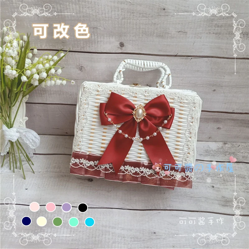 

Cute Bow Lolita Bag Cosplay Straw Handbag Rattan Box