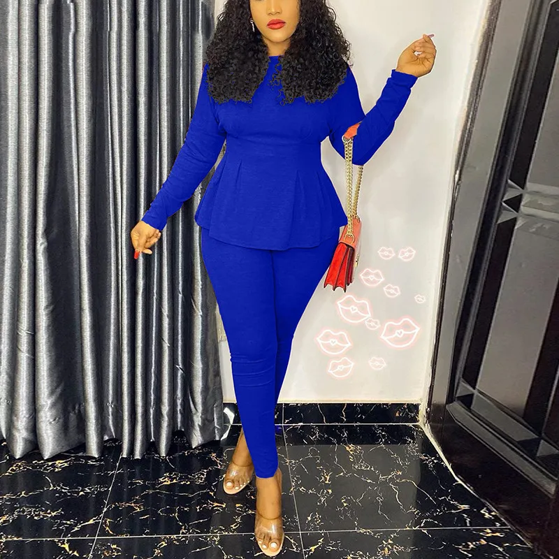 

Women Casual Two Pieces Solid Tracksuits Long Sleeve Peplum Shirt Top and Skinny Pants Set