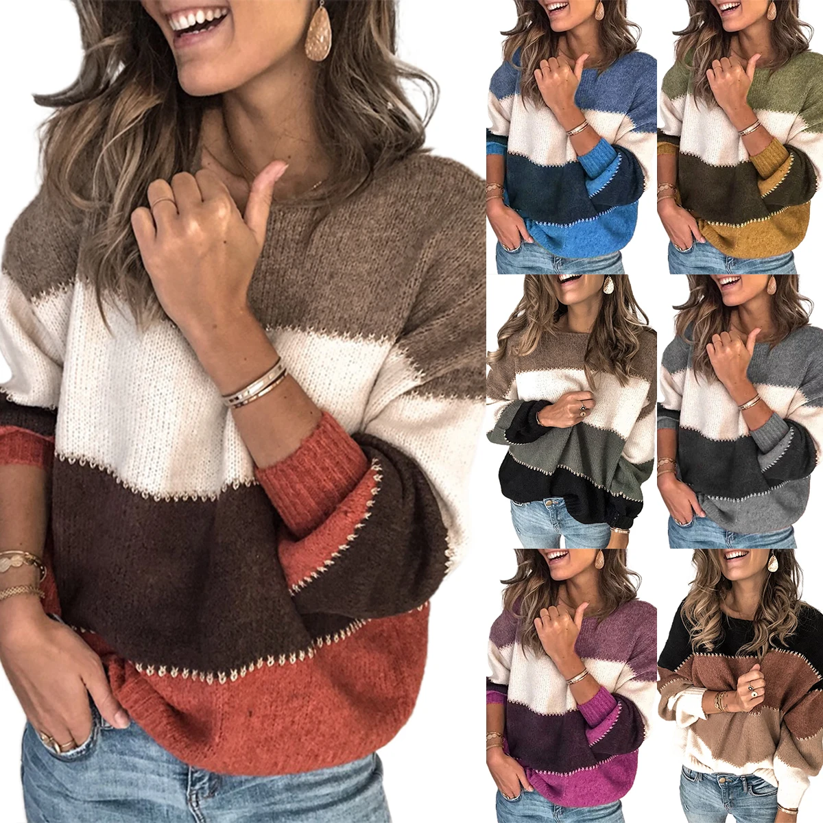 

Loose Autumn Winter Striped Sweater Women Pullover Plus Size Womens Sweaters High Quality Oversized Color Block Sweater Jumper