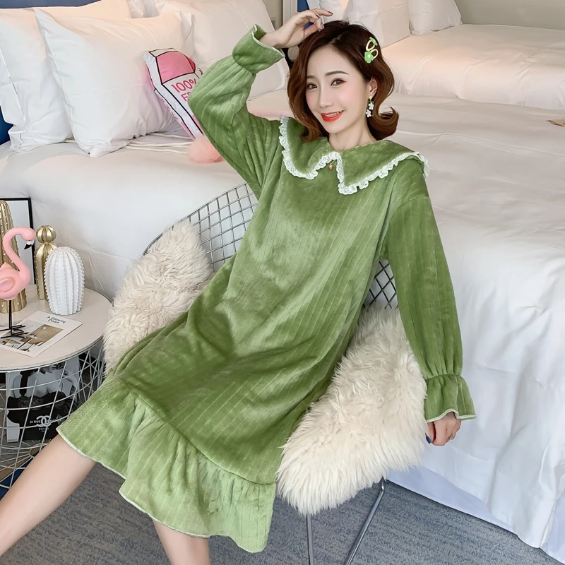 

Nightgowns Women Leisure Daily Korean Style Coral Fleece Soft Warm Womens Solid Simple Elegant Comfortable O-neck Long Sleeve