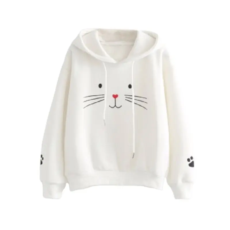 

Women Long Sleeve Drawstring Hoodies Cartoon Meow Cat Print Pullover Sweatshirt
