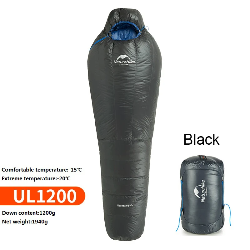Black Fill 1200g NatureHike Мумия спальный мешок Сверхлегкий Открытый Кемпинг взрослый спальный мешок с компрессионным мешком теплый зимний-20~-10 градусов Цельсия - Цвет: Black Fill 1200g