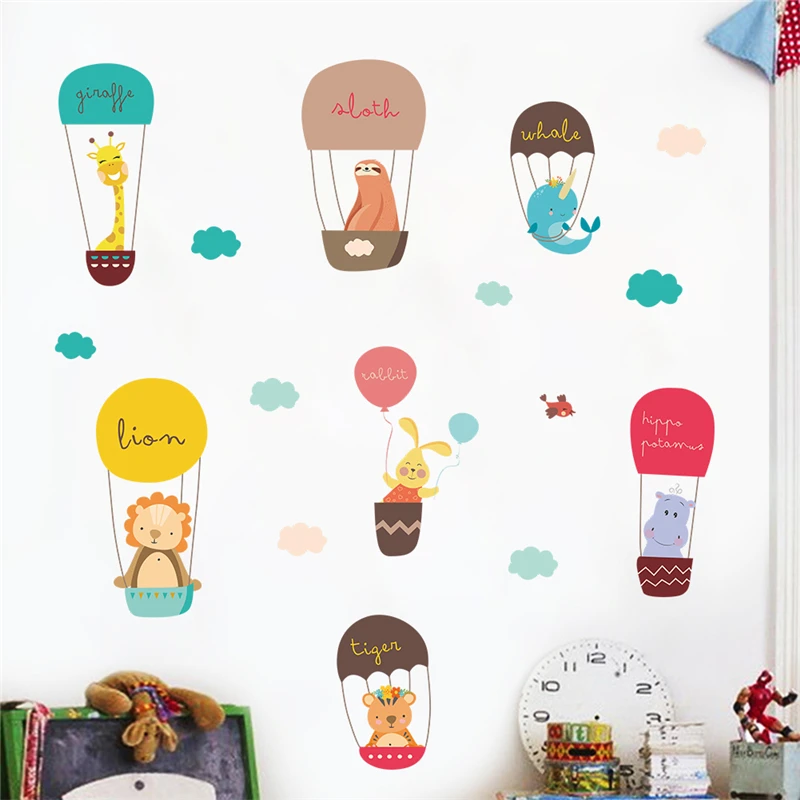 

Cartoon Animals Hot Air Balloon Wall Decals Kids Rooms Bedroom Home Decor Giraffe Lion Rabbit Wall Stickers Pvc Mural Kawaii