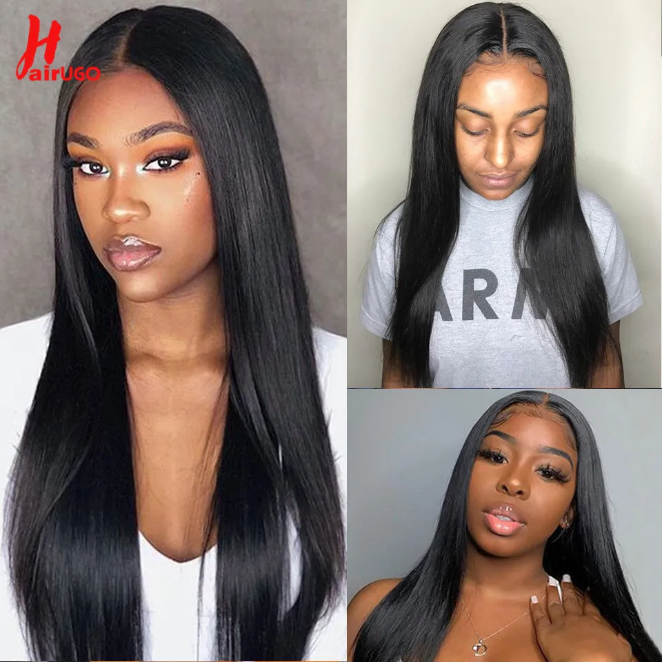 

HairUGo Straight 4# Brown Lace Closure Human Hair Wigs T Part Closure Wigs Peruvian Remy Preplucked Colored Wigs For Women 180%