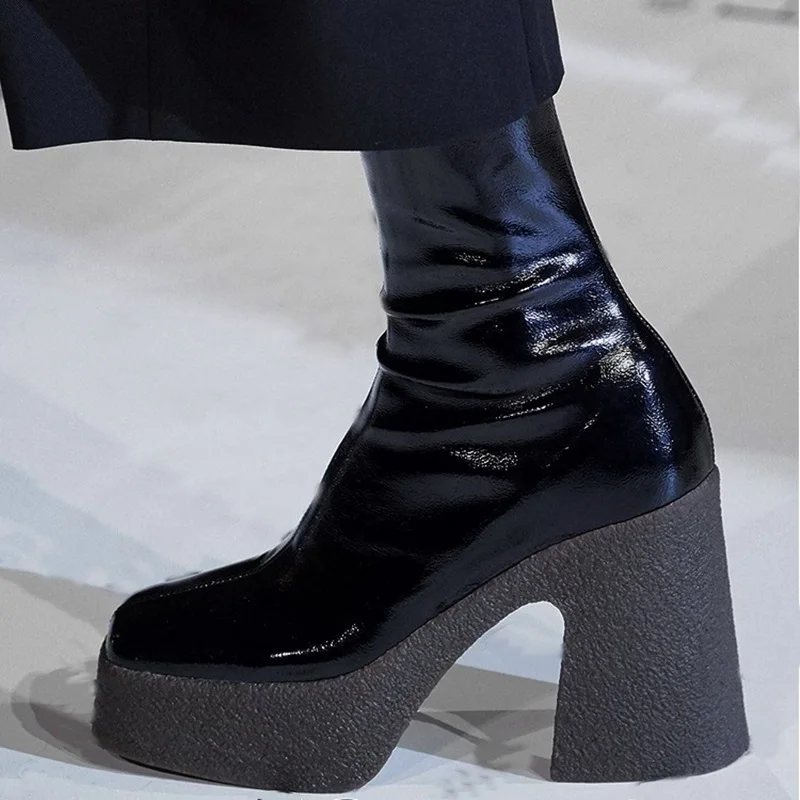 Ботильоны женские из лакированной кожи брендовая эластичная обувь высокий