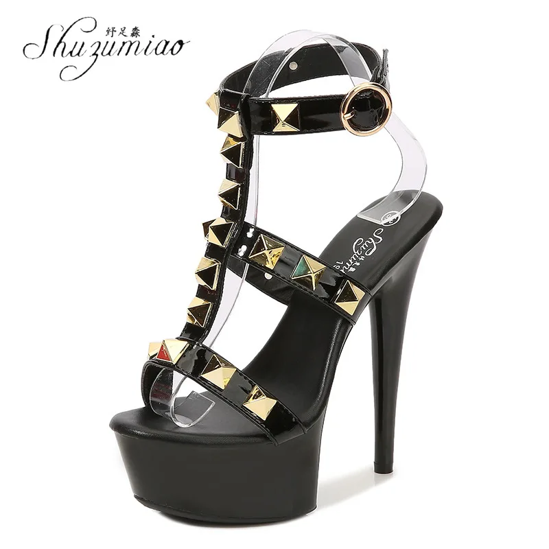 

SHUZUMIAO Summer Fashion Rivet Gladiator Women Night Club Sandals Super High Heels Sexy Platform Peep Toe T-strap Shoes