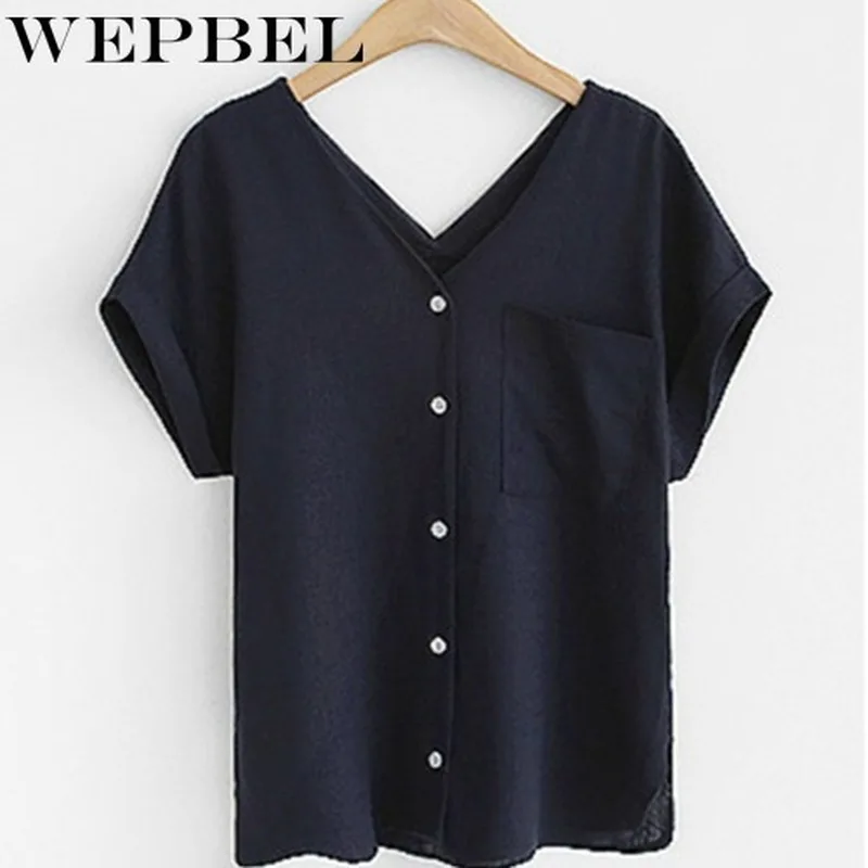 

WEPBEL Women Casual Summer Linen Shirt Solid Color Short Sleeve V Neck Button Blouse Top