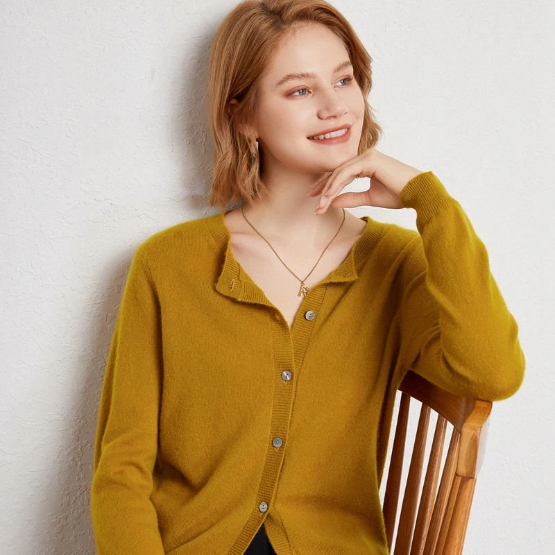 Women Jackets 100% Pure Goat Cashmere Knitting Cardigans Hot Sale Oneck Standard Sweaters Ladies Knitwears