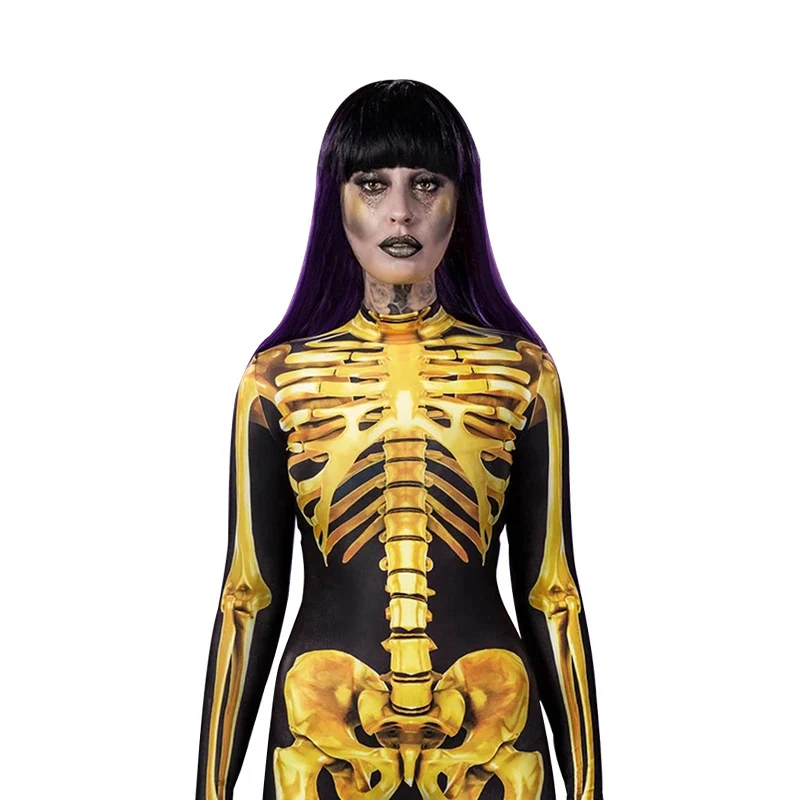 Новые женские костюмы на Хэллоуин 3D Рисунок скелета косплей костюм комбинезон