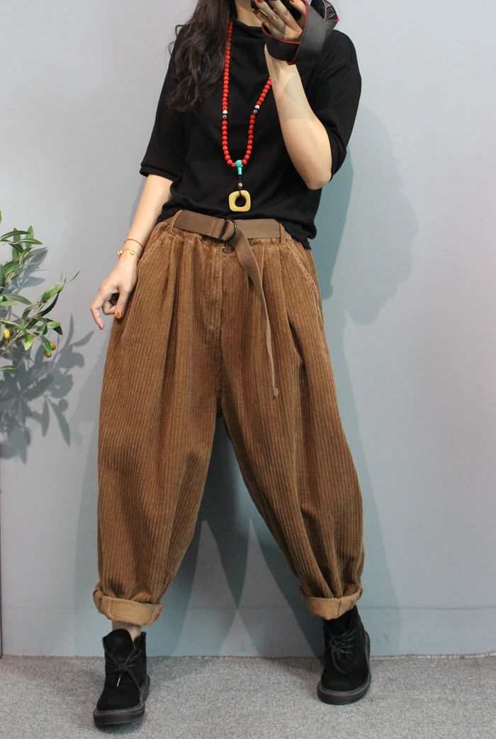 Однотонные плотные вельветовые шаровары в полоску женские осенние новинка 2020