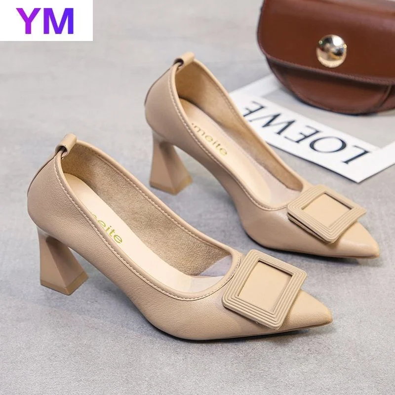 

Роскошная женская свадебная обувь на высоком квадратном каблуке, с пряжкой; Женские туфли-лодочки с острым носком; Вечерние модельные пикан...