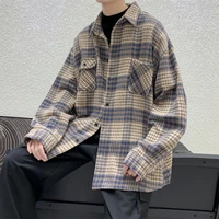 autumn and winter brushed plaid shirt mens long sleeved loose casual thick woolen coat