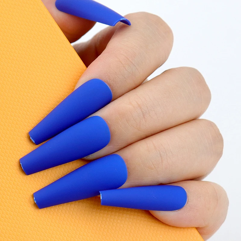 

20pcs Matte Blue Coffin Fake Nails Colorful Long Ballerina False Nail Art Tips With Glue Sticker Acrylic Artificial Nails