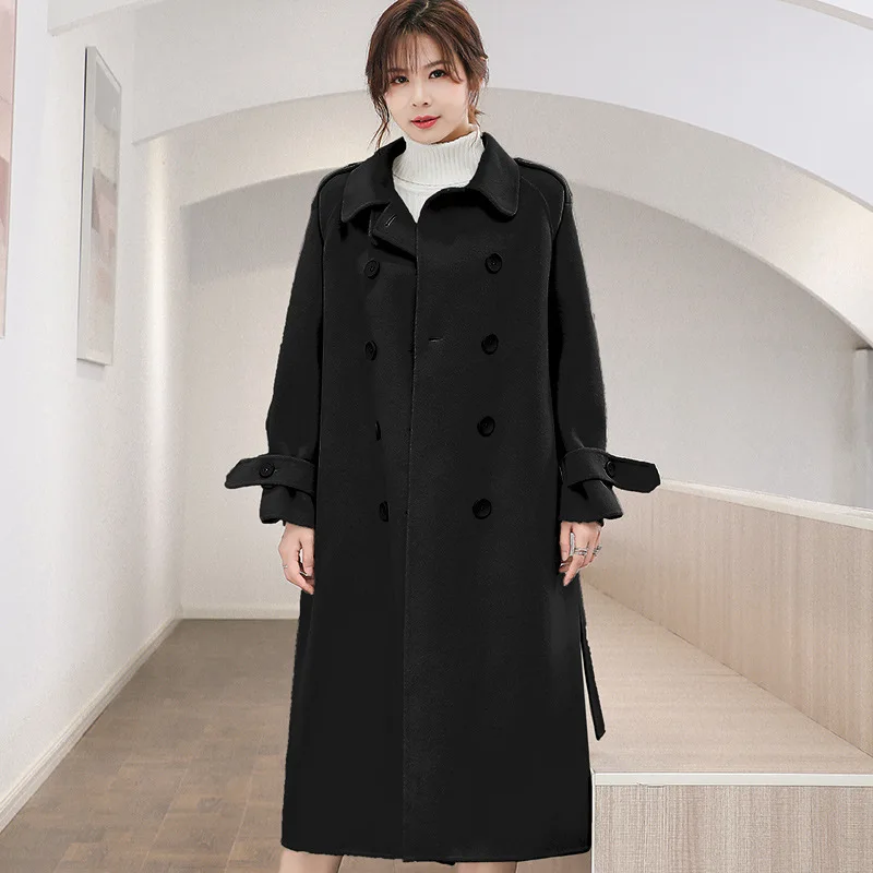 

Mozision 2021 New Women's Woolen Coat Lapel Double Breasted Cashmere Overcoat Ladies Casual Loose Warm Straight Wool Coat Lady