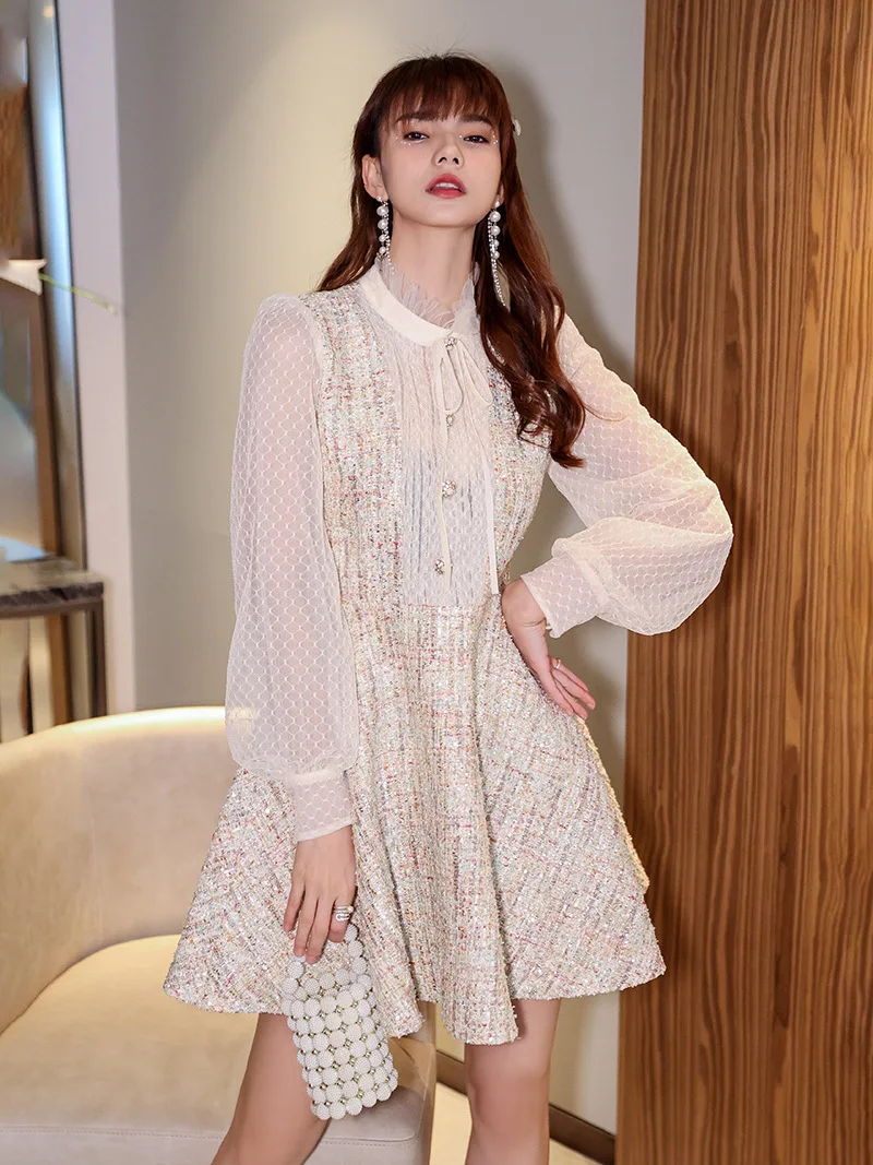 

High Quality Women's Fashion Celebrity Feminine Tweed Dress Autumn and Winter 2021 New Long Sleeve Small Dress