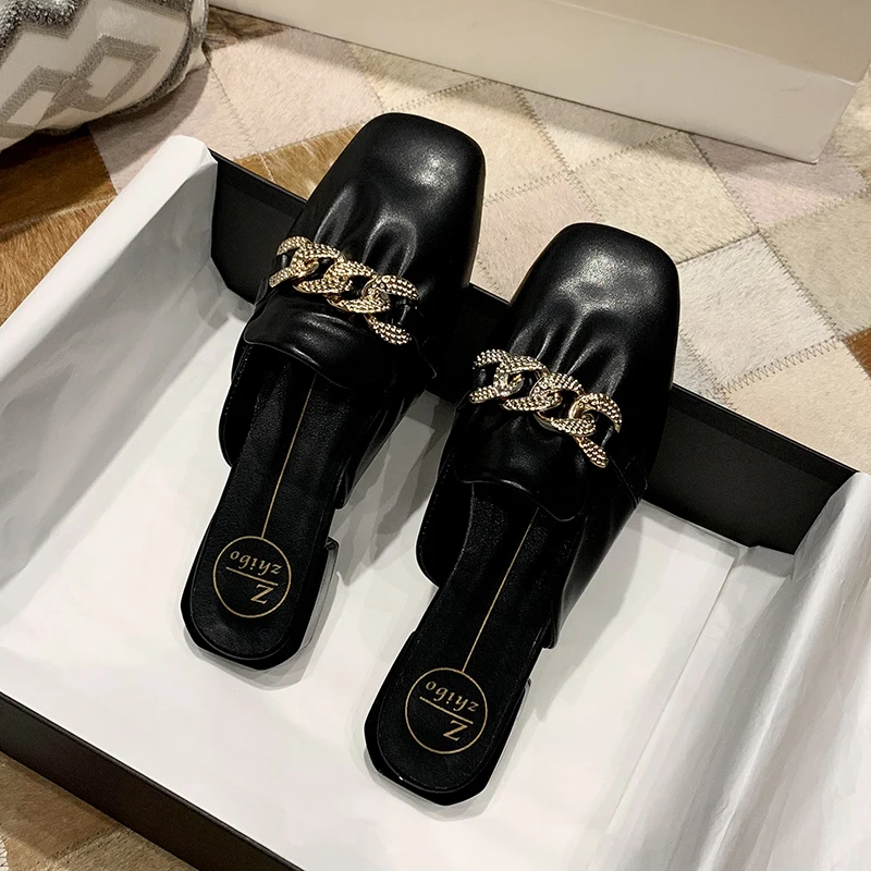 Мюли женские кожаные с цепочкой повседневные сандалии на плоской подошве