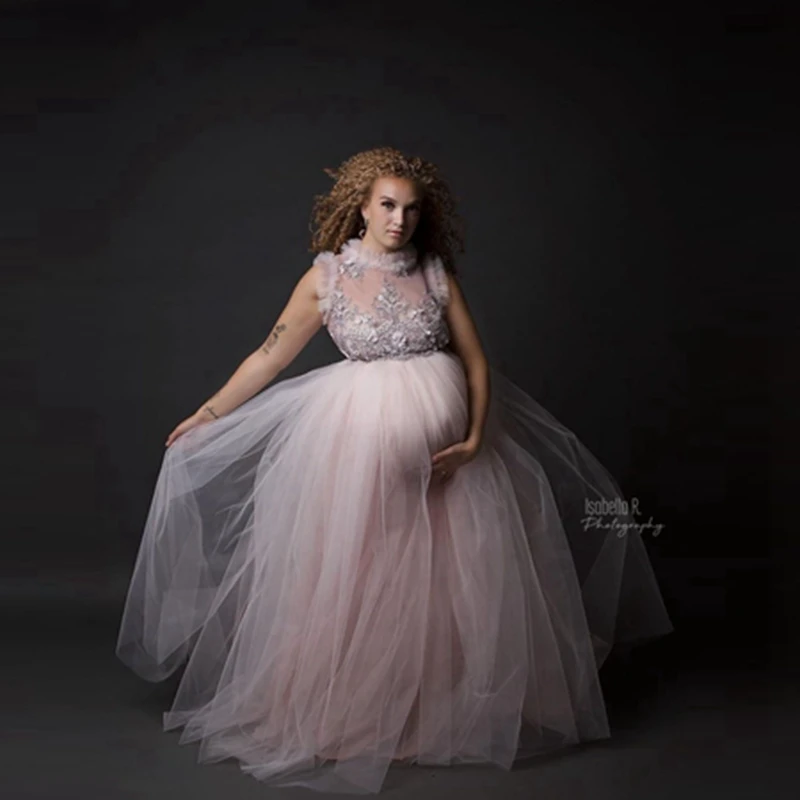 Fashion High Neck Sleeveless Long Tulle Maternity Dress See Thru Appliques Flowers Mesh Pregnancy Gowns To Photo Shoot Vestidos