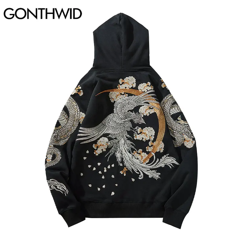 GONTHWID Japanse Streetwear Hoodie Hip Hop Sweatshirt Embroidered Dragon Phoenix Hooded 2022 Mens Harajuku Cotton Pullover Black