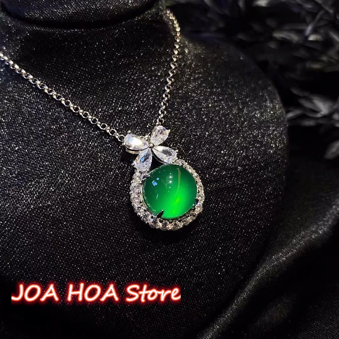 

925 Silver Plated Inlaid High Ice Natural Green Chalcedony Round Egg Face Pendant Pink Agate Jade Necklace Jewelry