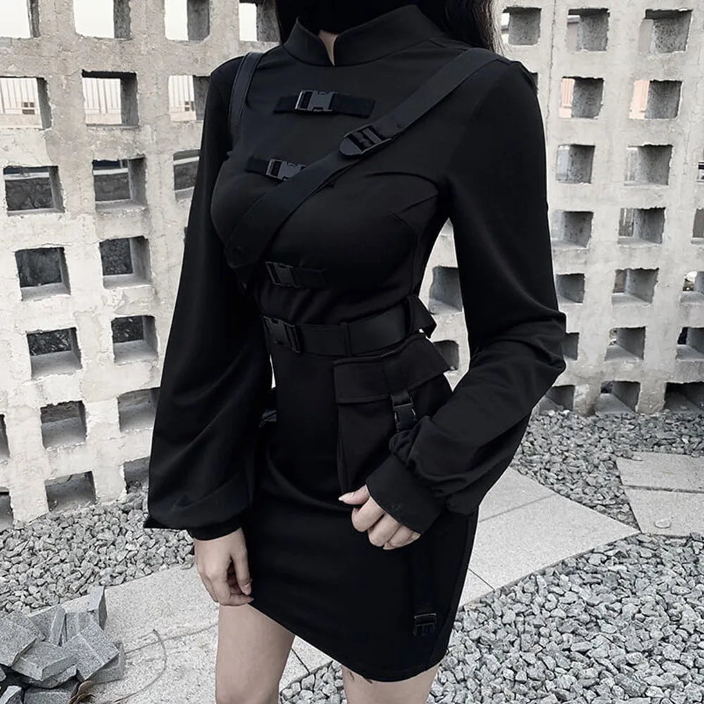 

Rosetic Short Bandage Goth Dress Women Gothic Punk Belt Long Sleeve Streetwear Black Mini Vestidos Casual Dresses Spring 2020