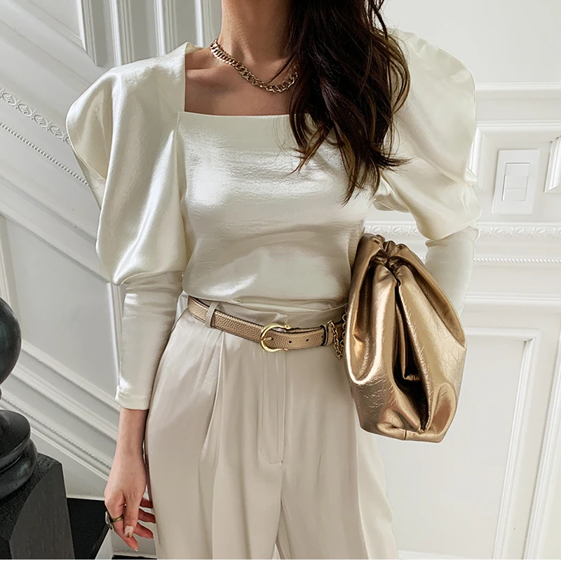 

ZCSMLL Korea Chic Blouse Elegant Square Collar Slim Slimming All-match Puff Sleeve Gloss Velvet Base Shirt Women 2021