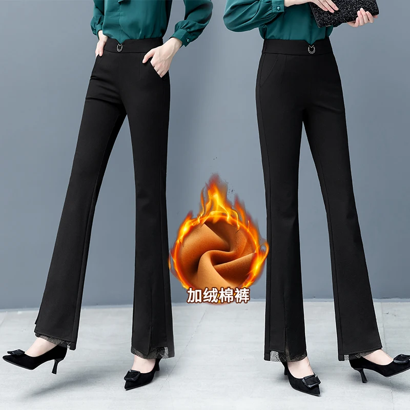 Женские зимние Бархатные эластичные расклешенные брюки большого размера с