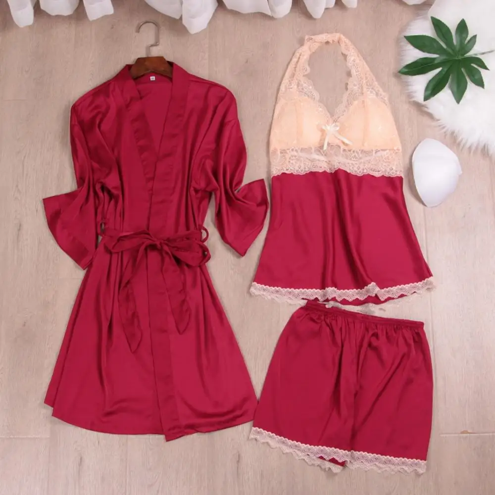 

Lace Silk Shorts Sling Robe Lady Pajamas Sleepwear Casual Intimate 3pcs Sleep Tops Sexy Lingerie Pijama Mujer