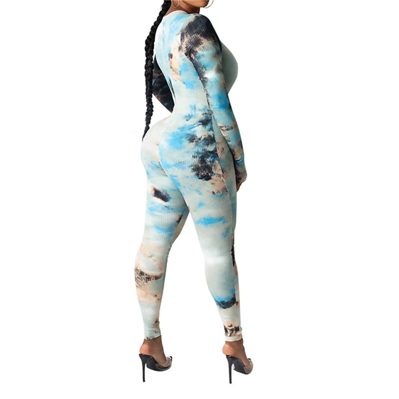 

Workout Active Wear Rompers Tie Dyeing Womens Jumpsuit Sporty Long Sleeve Fitness Clubwear Party Jumpsuits Slim Bodycon Bodysuit
