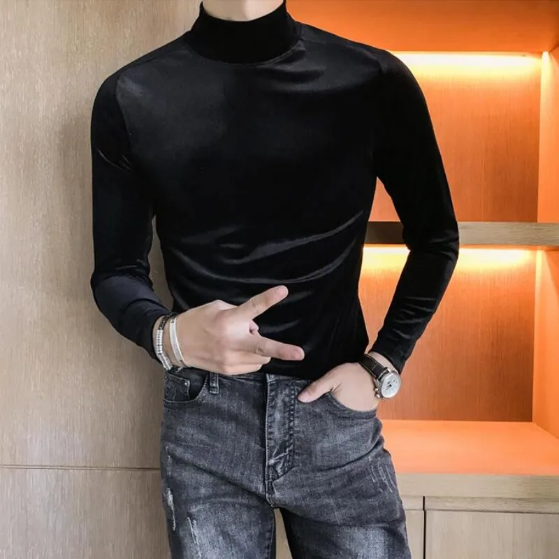 

Autumn Winter Mens Slim Fit Velvet Long Sleeve Pullover Tops Casual Turteneck Tops Tees Big Boys Fashion Under T-shirt Plus Size
