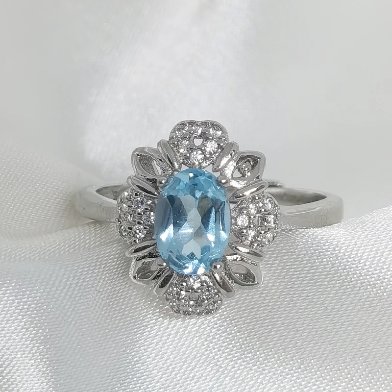 

[eiBaPJ] Natural Switzerland Blue Topaz Gemstone Ring for Women Real 925 Sterling Silver Fine Party Jewelry
