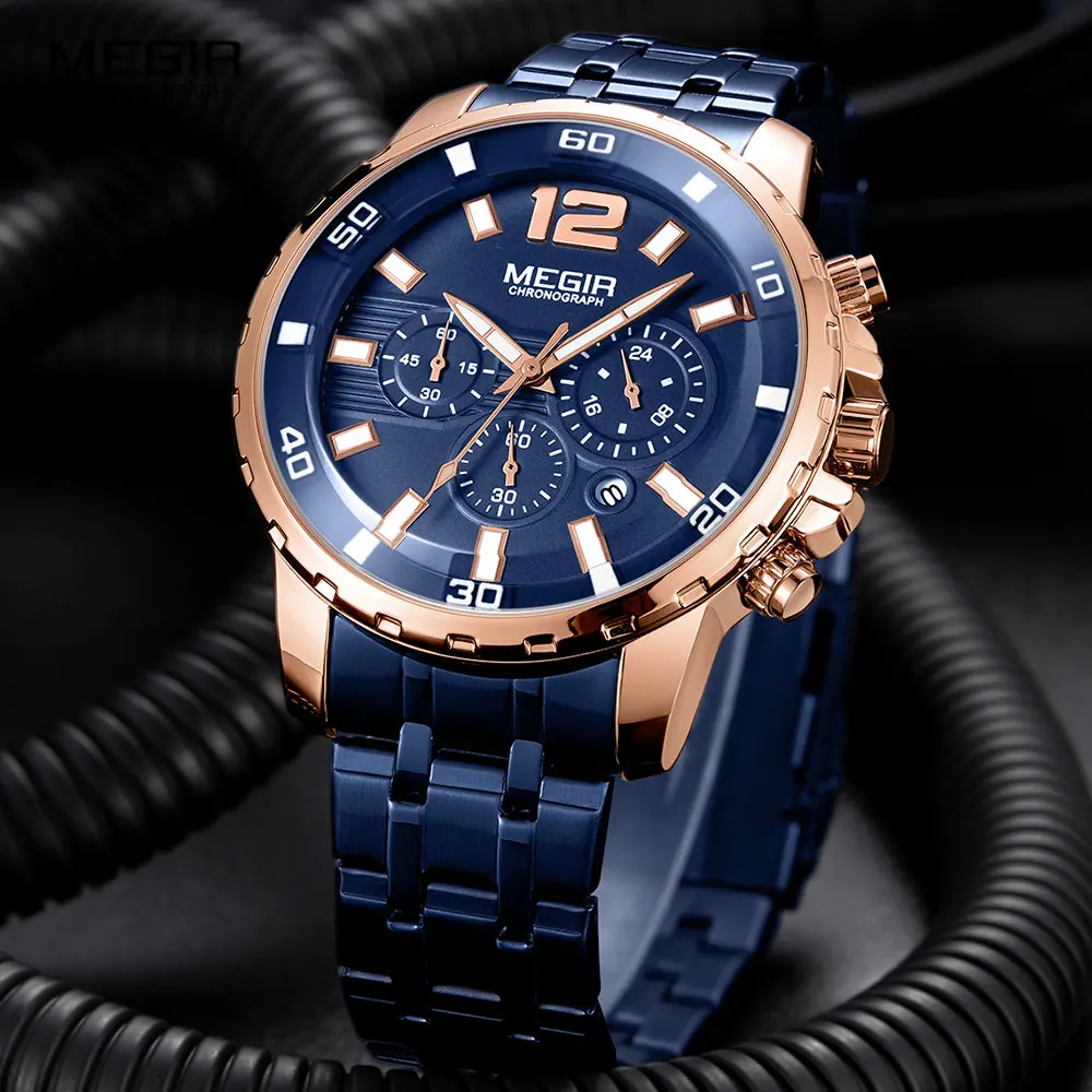 

Люксовые часы от бренда MEGIR, синий часы Для мужчин Роскошные Нержавеющая сталь ремешок наручные часы, светящиеся кварцевый хронограф спортивные Мужские электронно-механические наручные часы Мужские часы Reloj