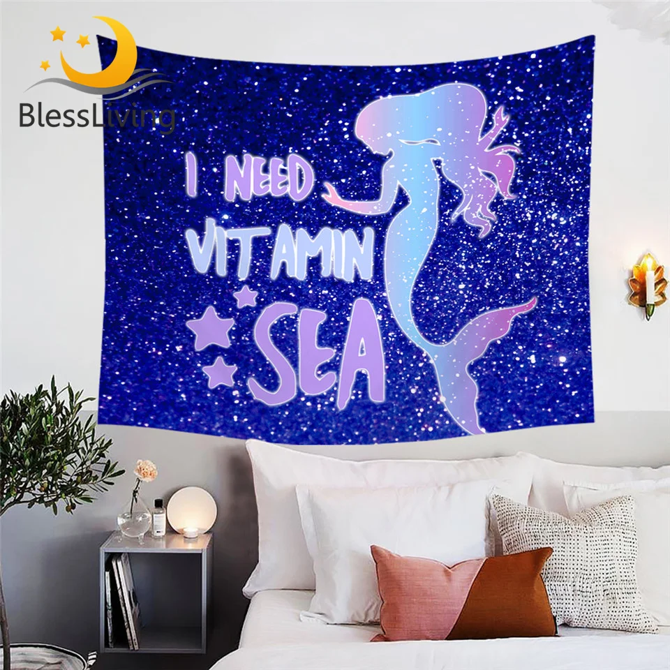 

BlessLiving Girls Mermaid Tapestry Cartoon Wall Hanging Blue Marine Creature Home Decoration tapisserie 150x200cm Picnic Mat