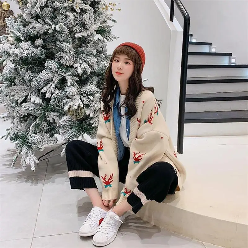 

Cartoon Long Cardigan Christmas Sweater Single Breasted Sweater Tops Spring Autumn Casual V -Neck Cardigans Women Clothing 2020