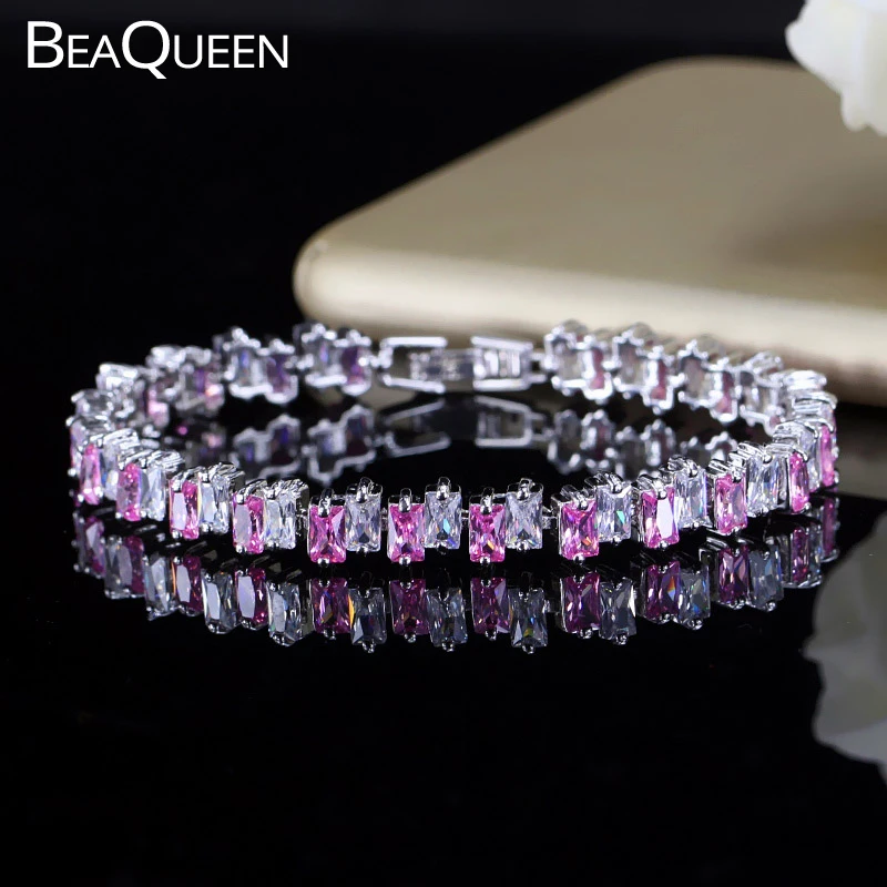 Женский браслет-Багет BeaQueen модный браслет из розового и белого кубического