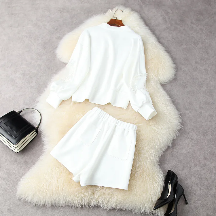 European and American women's wear for spring 2021  Seven-point sleeve stud beaded single breasted hoodie  shorts  Fashion suits