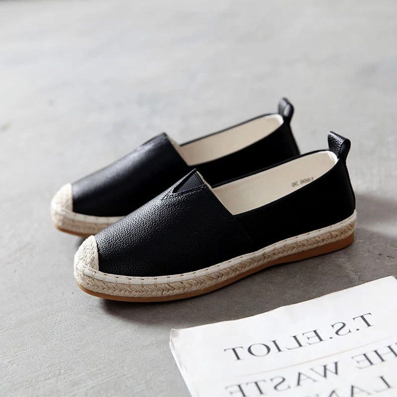 Big Size 43 Hemp Bottom Loafers Women Flats Leather Casual Shoes Fashion Comfy Black Flat Oxford Shoes for Women Fisherman Flats