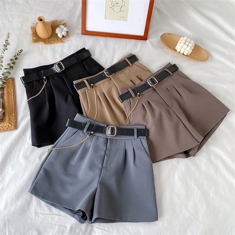 

2021 High Waist Thin A-line Suit Shorts Female Wide Legged Korean Style Casual New Short Pants Women's Office Shorts With Belt