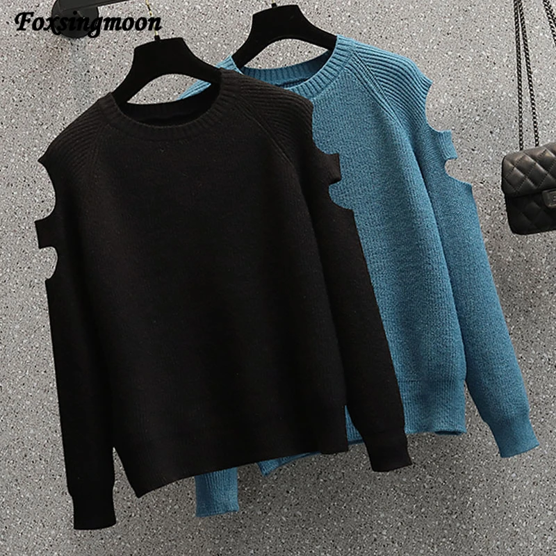 

Женский свитер, новинка зимы 2021, пуловер с круглым вырезом, свободный свитер большого размера с ажурным рукавом, однотонная трикотажная одежда большого размера