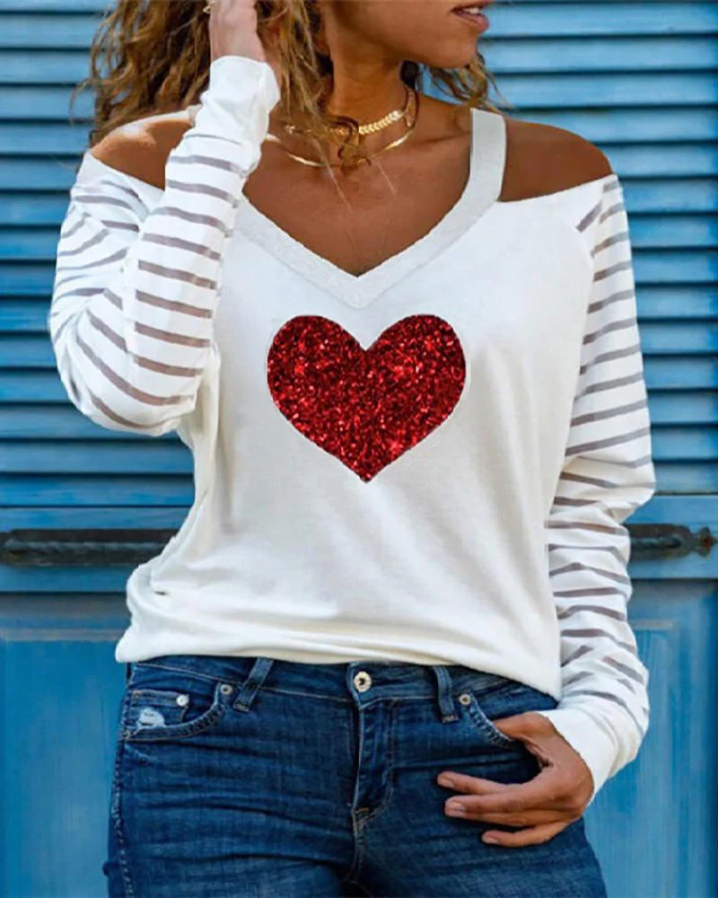 

Spring Autumn Women Sequin Neck Blouse Femme Casual V-Neck Cold Shoulder Letter Print Top Long Sleeve Fit Office Lady Outfits