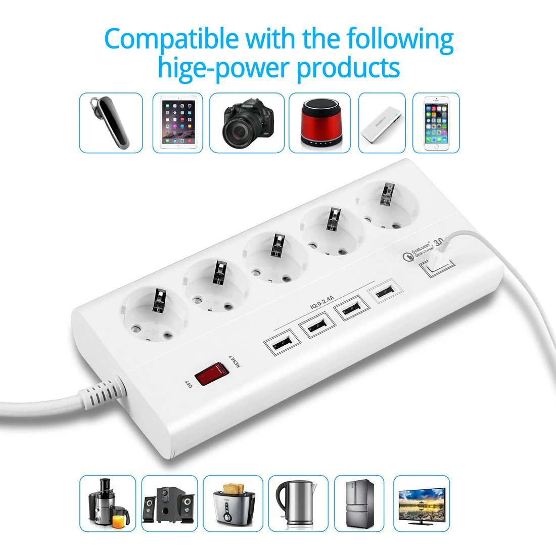 

Power Strip 5 EU Outlets Plug Socket with USB QC 3.0 Quick Charge Port for PC Smartphones Tablets Computer 1.8m Extension Cord